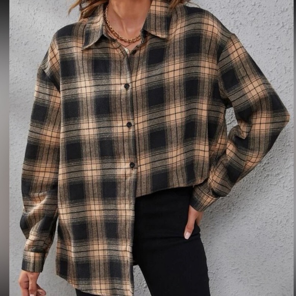 Tops - Plaid Print Drop Shoulder Shirt